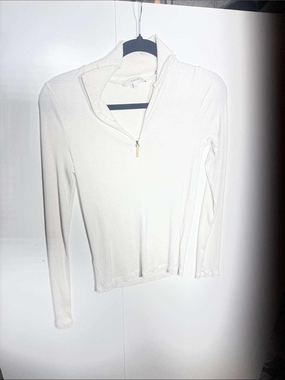 Vince White Ribbed Quarter-Zip Long Sleeve Top